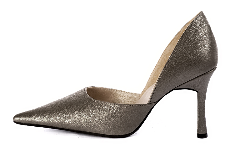 Taupe brown women's open arch dress pumps. Pointed toe. Very high slim heel. Profile view - Florence KOOIJMAN